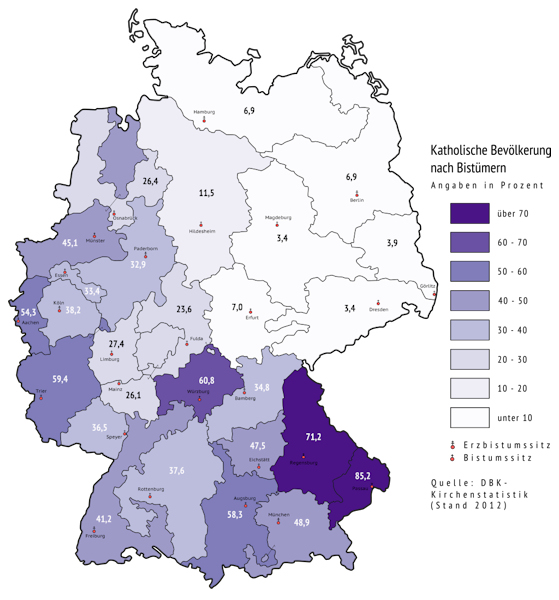 Percentage of Catholics by diocese in Germany, 2012 (katholische Bevölkerung nach Bistümern)